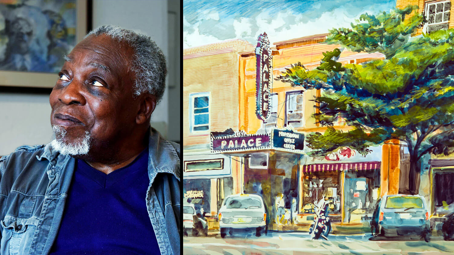 A collage of two photos: artist Luvon Sheppard and one of his works of art, a watercolor depicting the Palace Theatre.