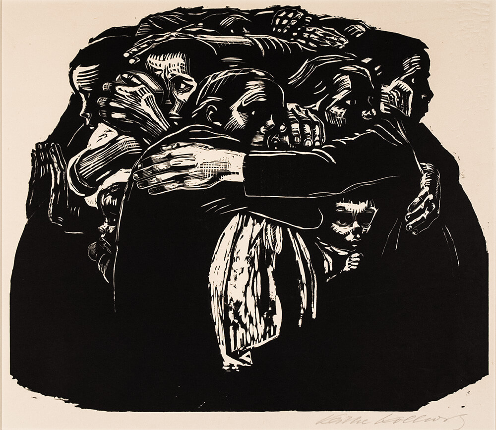 A woodcut of a mass of women huddled with their arms around each others shoulders, appearing almost like one mass.