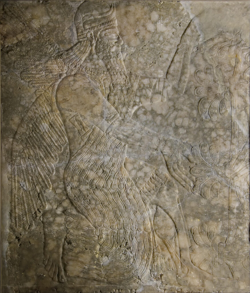Relief of a winged figure wearing a helmet and carrying a dagger.
