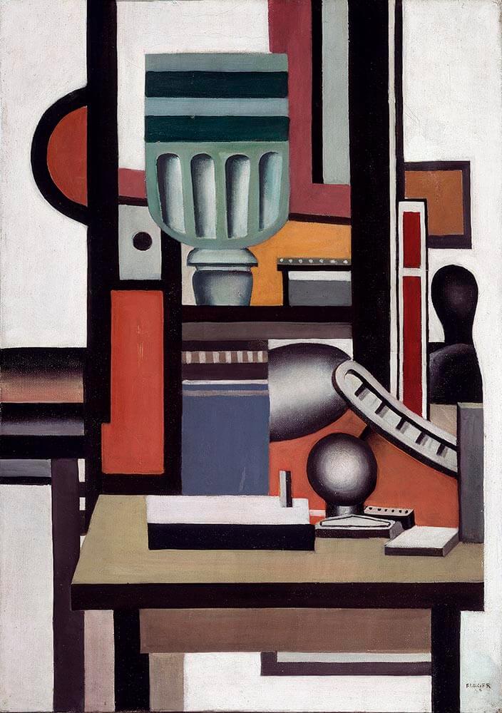 Abstract painting of a table and a large goblet.