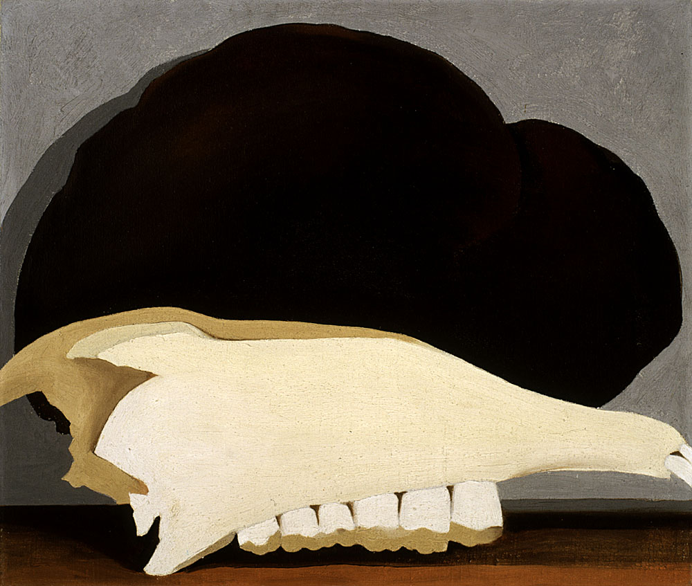 Closely-cropped still life painting of an animal skull.