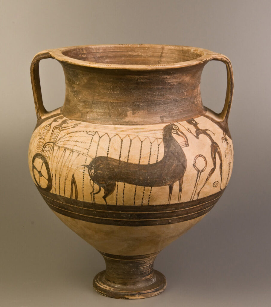 A large, wide-mouthed jar painted with a horse-drawn chariot.
