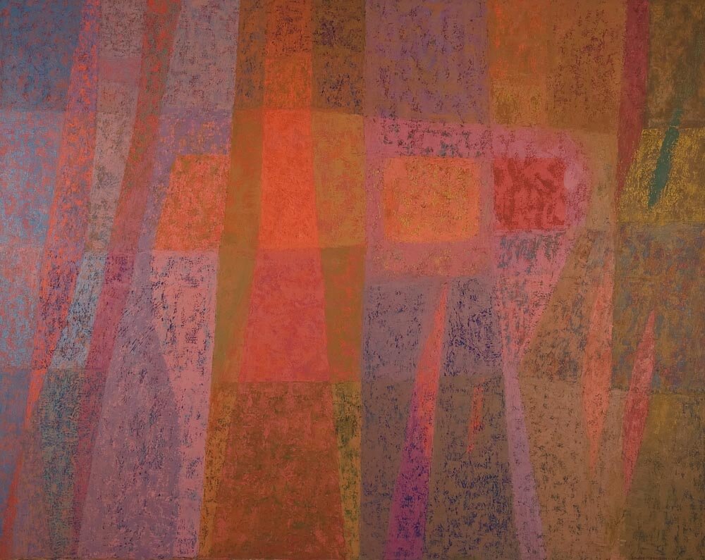 Abstract painting of kaleidoscopic lines and shapes reminiscent of refracted sunlight.