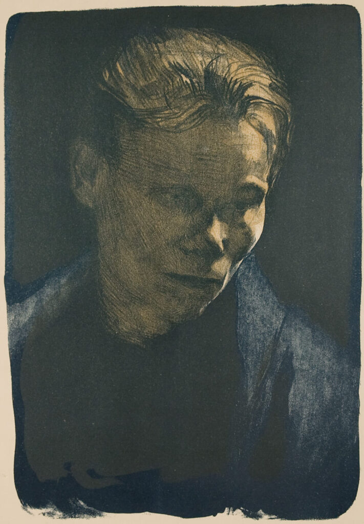 Portrait of a woman in a blue shawl looking down.