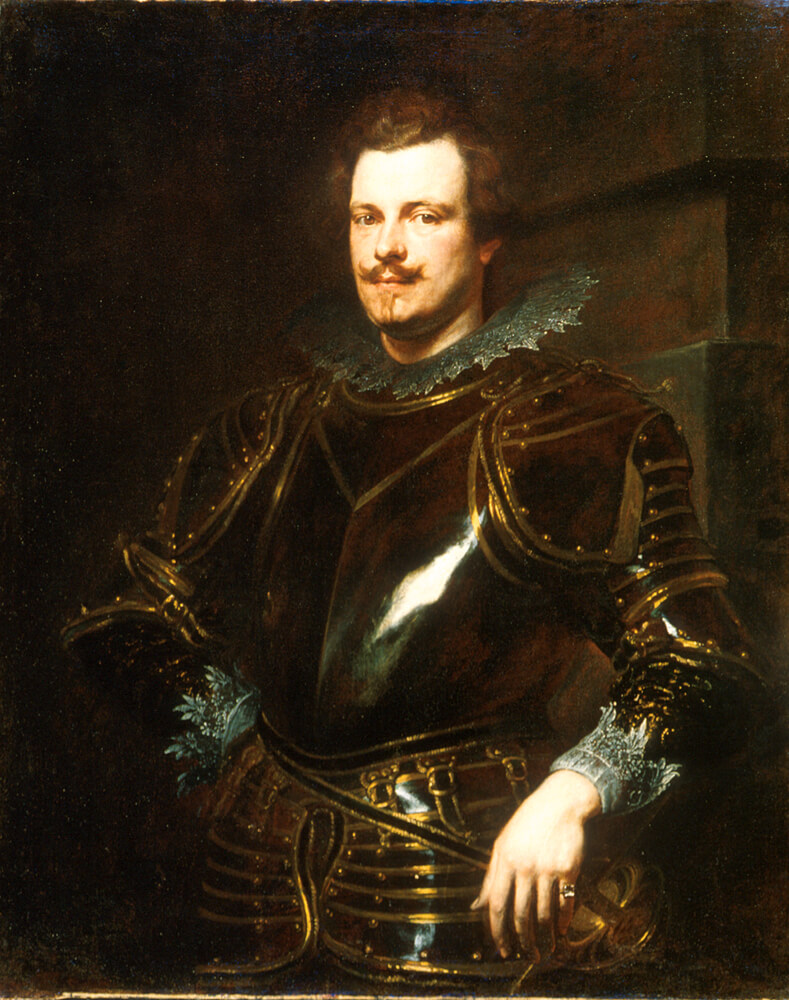 Painted portrait of a 17th-century man in polished black armor.