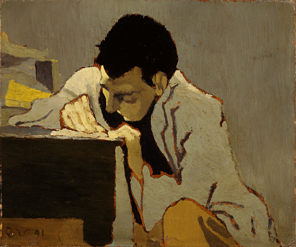 Impressionist painting of a man fervently writing.
