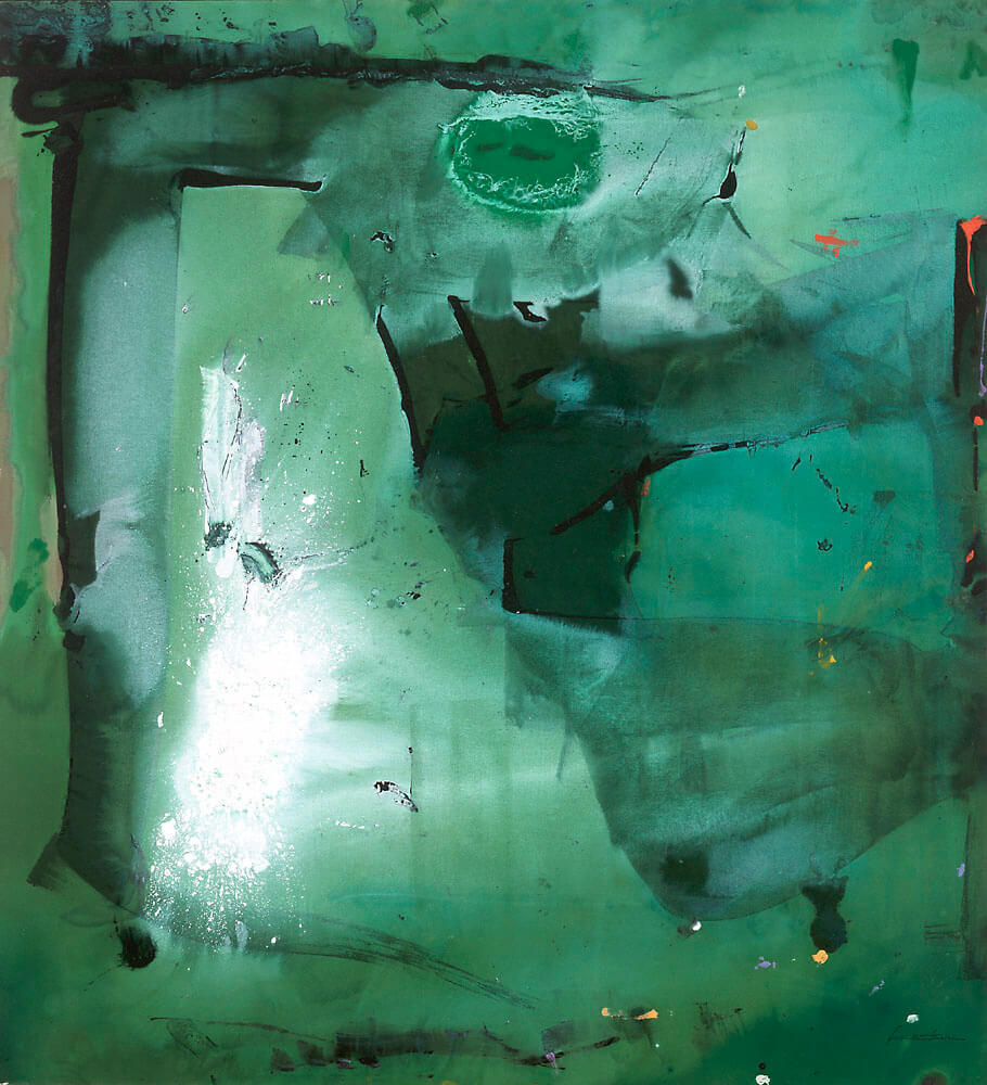 Abstract painting in shades of green and white.