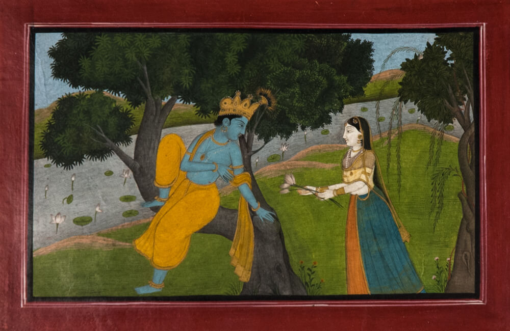 A woman hands a flower to blue-skinned Krishna, sitting in a tree outside.