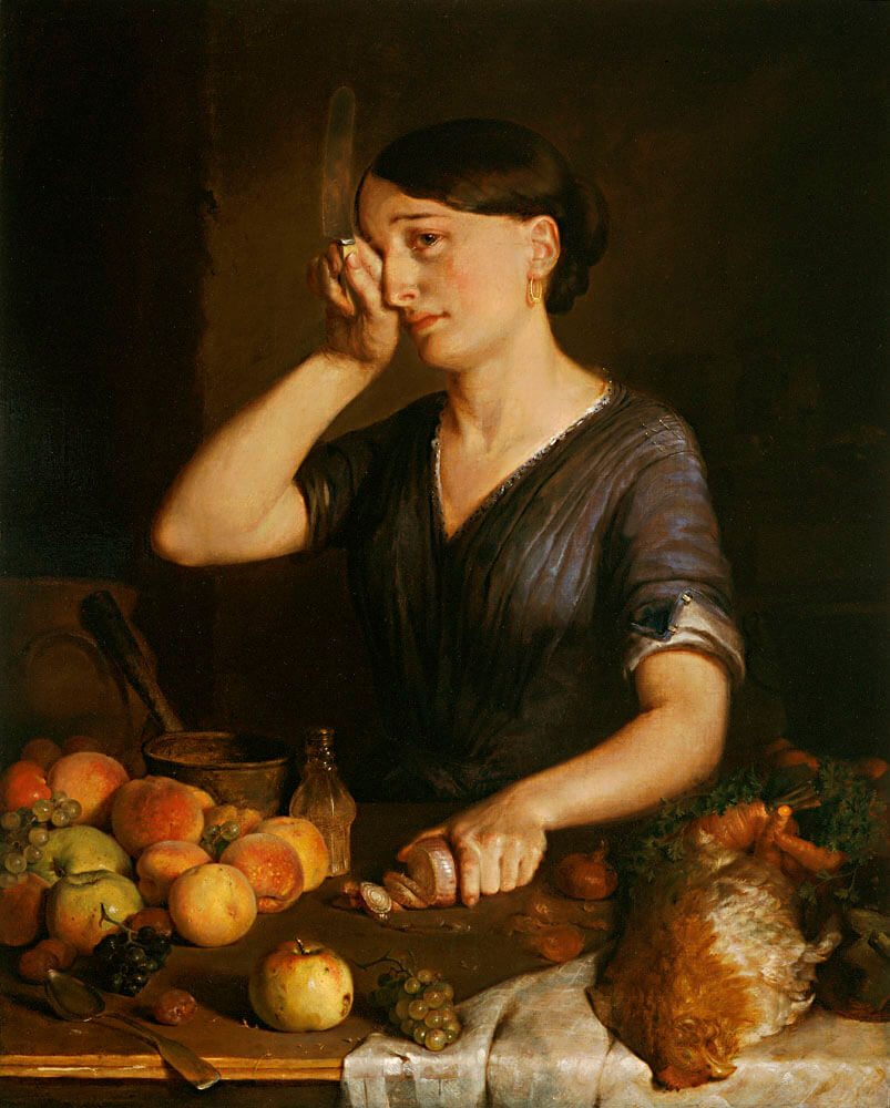 A painting of a woman tearing up while chopping onions.