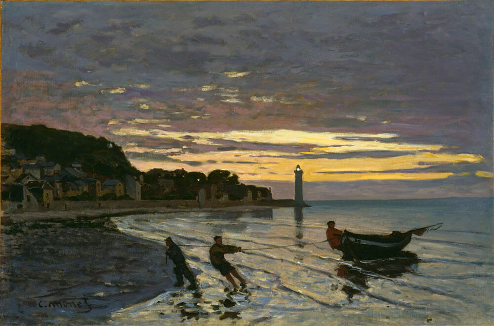 Impressionist painting of two figures towing a boat out of the water at sunset.