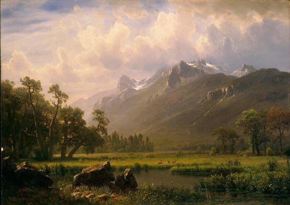 Landscape painting of the Sierra Mountains, soft light illuminating the mountains like a promised land.