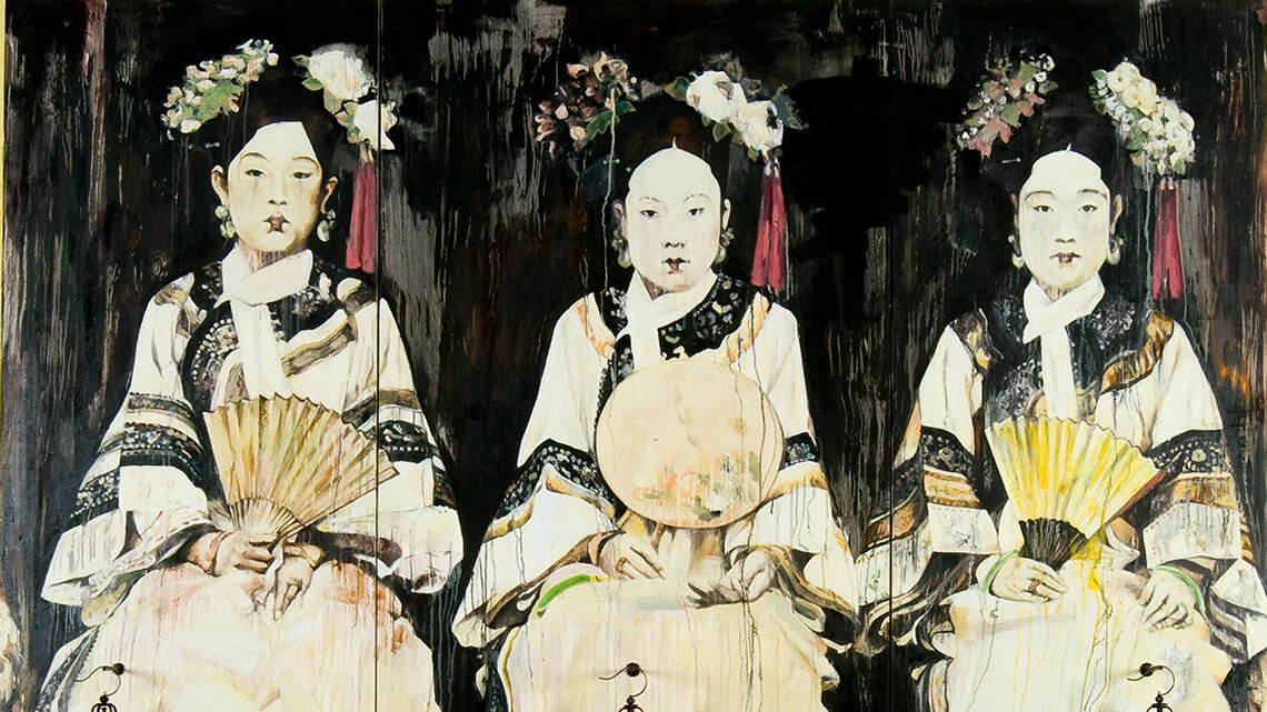 Painting of three women in 18th-century Chinese clothing sitting next to each other, looking directly at the viewer.