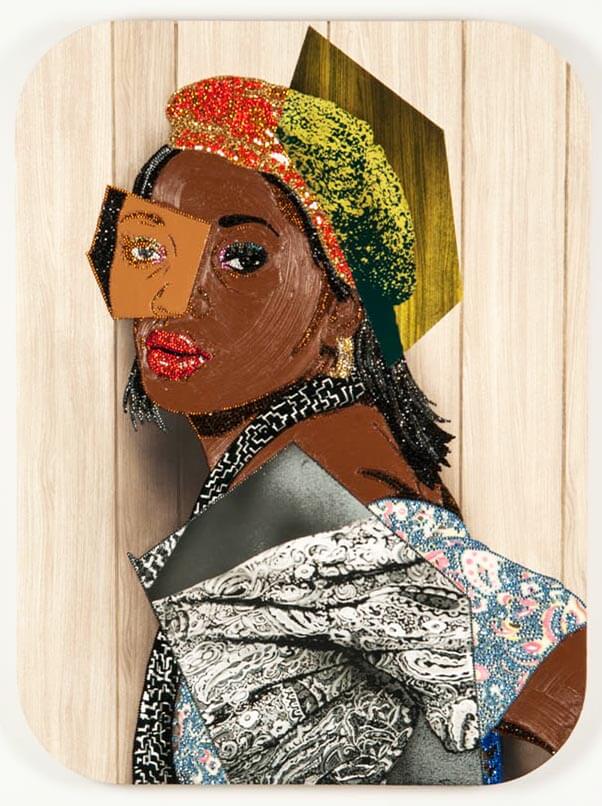 Portrait of a woman in mixed media with rhinestones and paint.