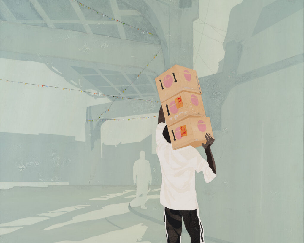 A figure carries a stack of boxes on their shoulder, walking into the middle ground. The background is an almost-empty underpass in shades of light greenish-blue.
