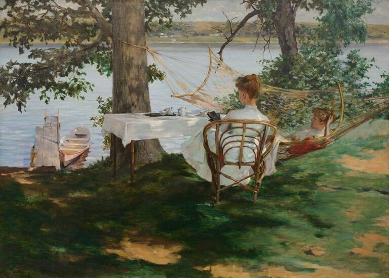 Impressionist painting of a woman drinking tea outside near a lake.