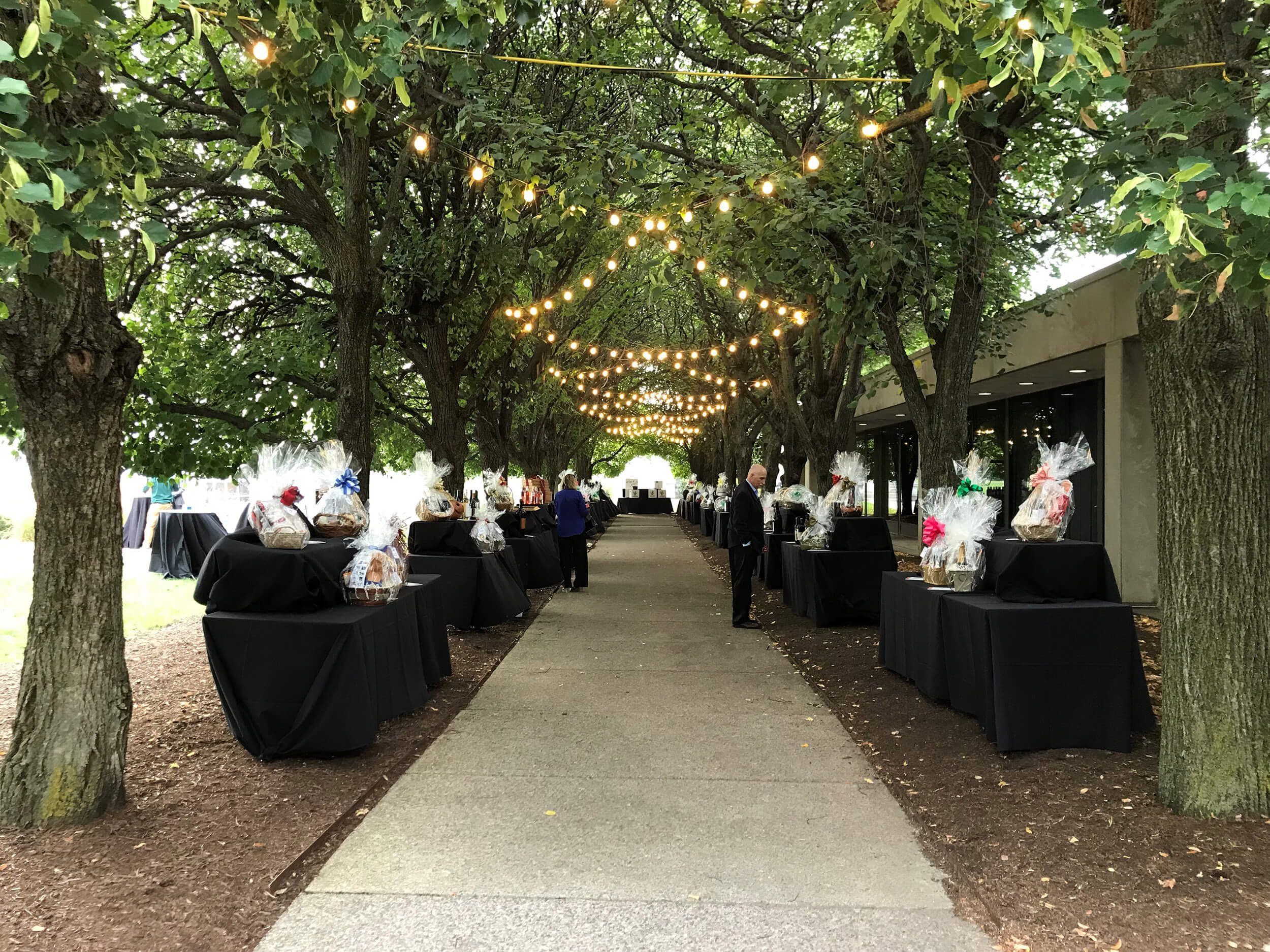 Pathway under the linden trees at MAG, decorated with lights and lined with tables.