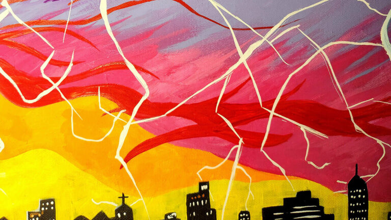 A painting of a brilliantly-colored sky dancing with lighting, a dark cityscape in the distance.