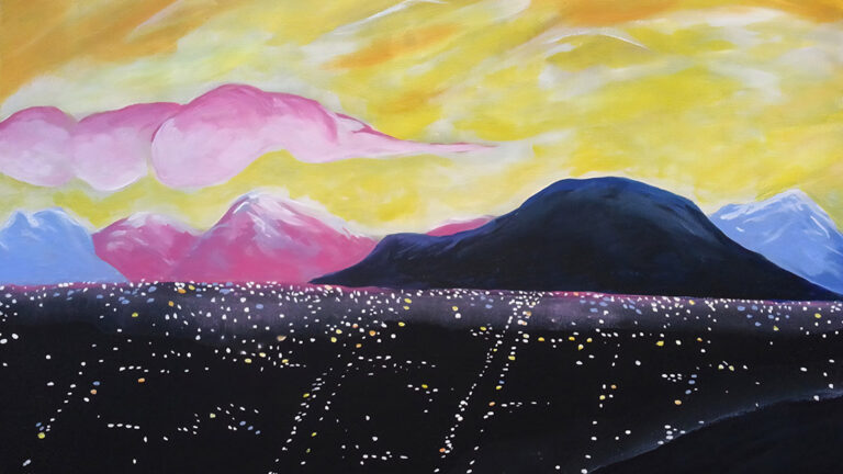 A landscape painting of mountains over a dark cityscape.
