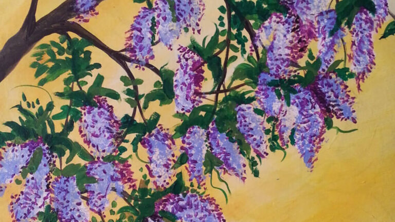Painting of a branch of lilac flowers.