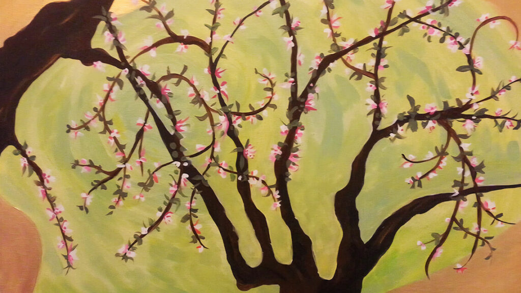 Painting of reaching branches of cherry blossoms.