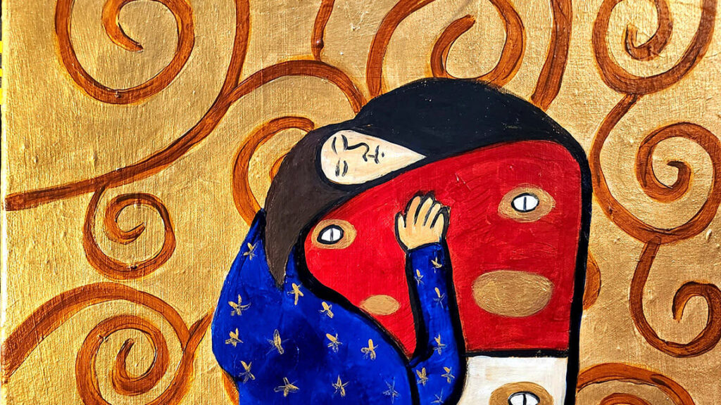 Two people hugging, in the abstract style of Gustav Klimt.