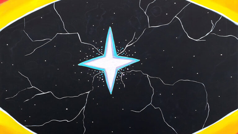 Painting of a star sparking off lighting in a dark void.
