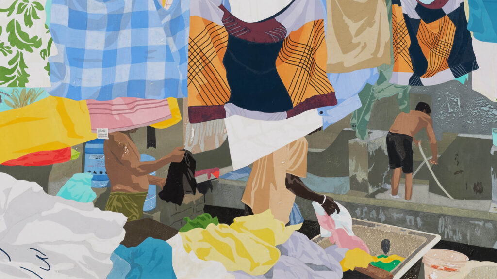 Artwork of people doing laundry under colorful clothing hanging on a clothesline.