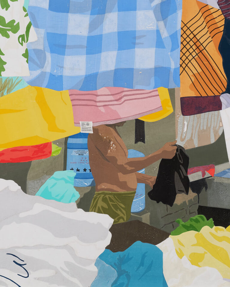 Artwork of people doing laundry under colorful clothing hanging on a clothesline.