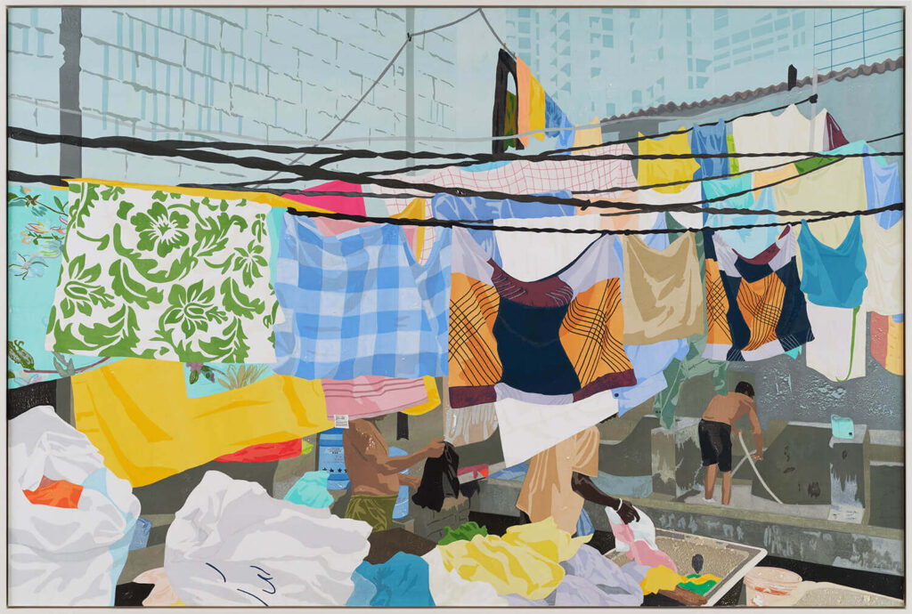Artwork of people doing laundry under colorful clothing hanging on a clothesline.