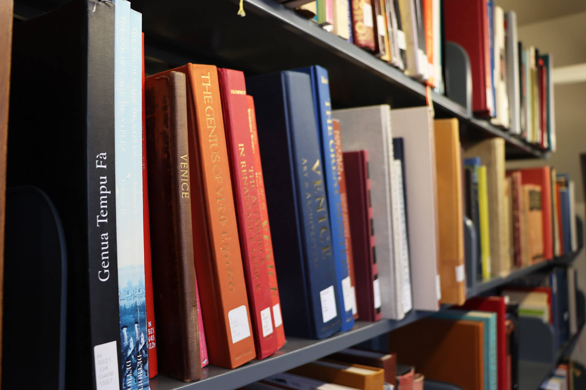 Books on the shelves in the Charlotte Whitney Allen Library at MAG.