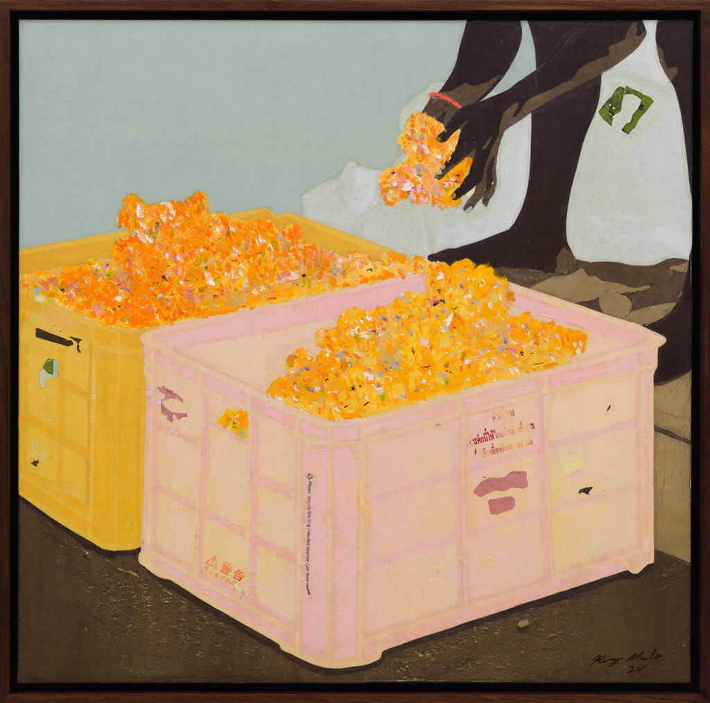 Artwork of hands taking something bright out of plastic crates.