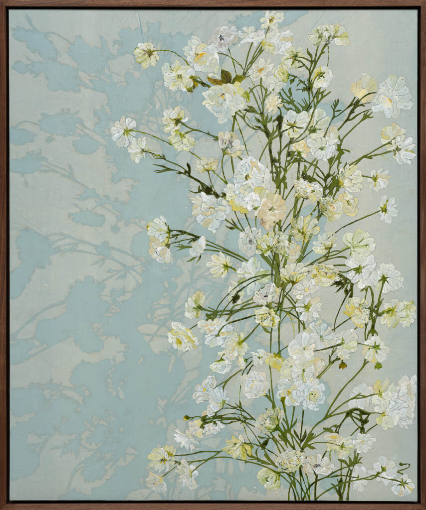 Many white flowers fading into a light blue background.