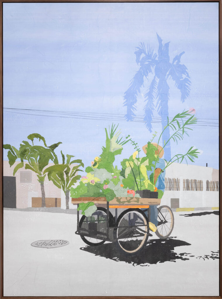Artwork of a person pushing a cart full of vegetables through an empty street.