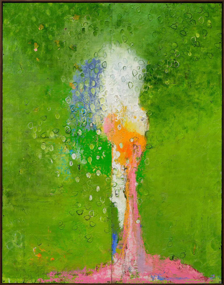 A spill of blue, white, and pink over raised seed-like shapes and against an emerald green background.
