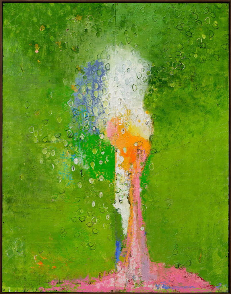 A spill of blue, white, and pink over raised seed-like shapes and against an emerald green background.