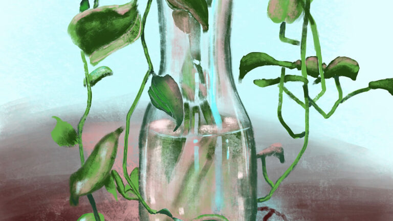 A digital painting of ivy dripping down out of a clear glass vase.
