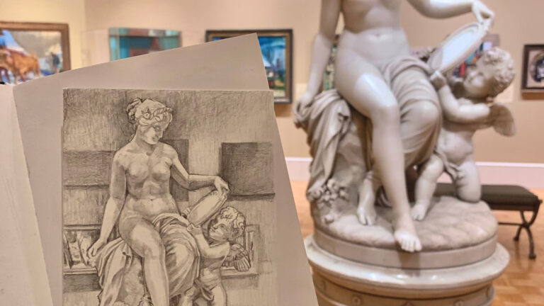 A detailed sketch of a statue of Venus and Cupid in MAG's galleries.
