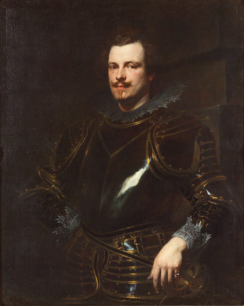 Painted portrait of a 17th-century man in polished black armor.