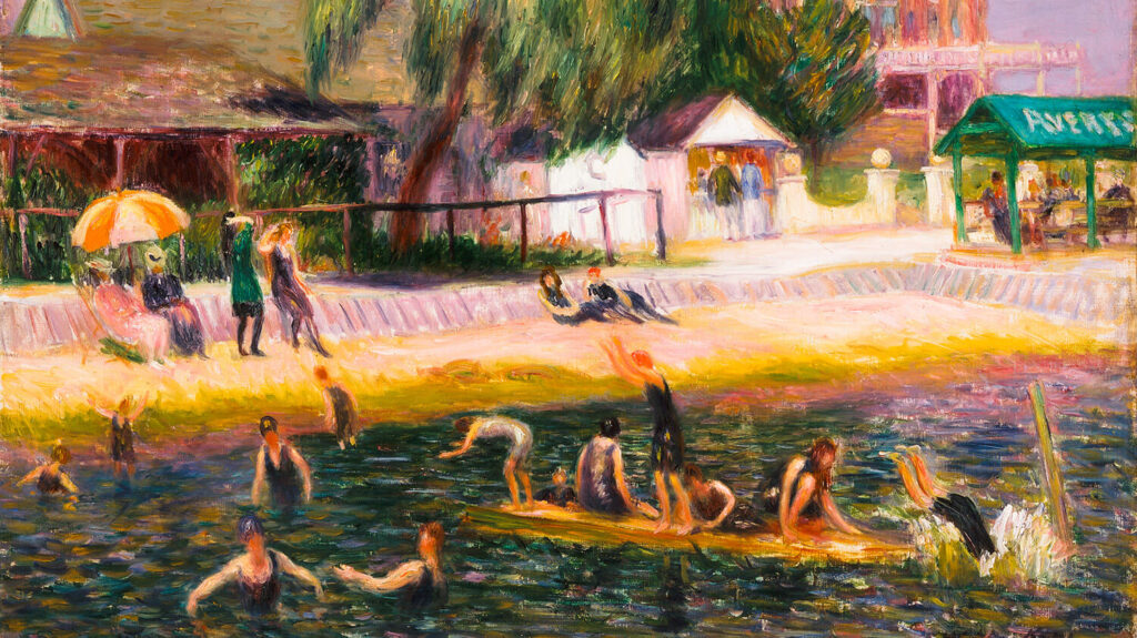 A painting of people having fun at a beach.