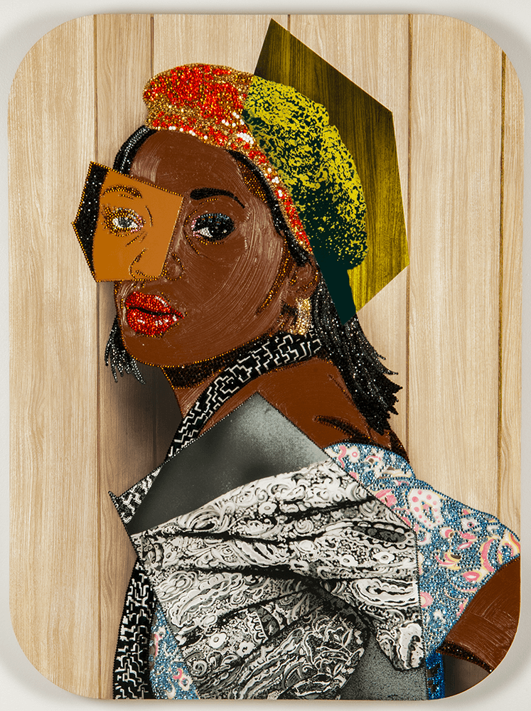 Portrait of a woman in mixed media with rhinestones and paint.