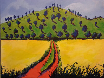 A painting of a red path winding through a yellow field to a green, tree-covered mountain.