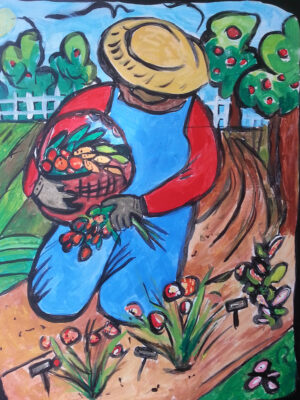 Abstract painting of a gardener working in their garden.