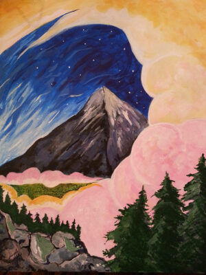 A painting of a distant mountain surrounded by dreamy clouds.