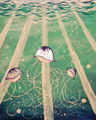 A painting of three jellyfish dancing in beams of light just under the surface of the ocean.