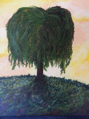 A painting of a lone willow tree.