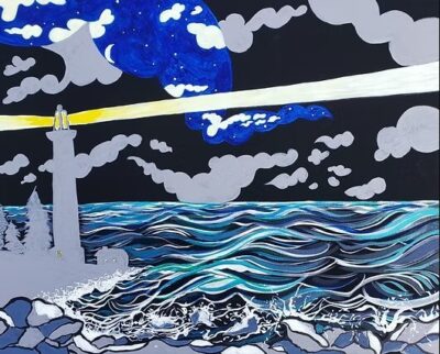 Painting of an ocean coastline with a lighthouse at night.