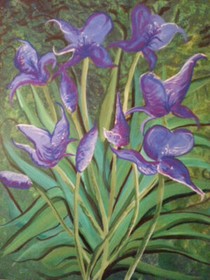 A painting of purple irises.
