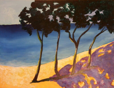 A painting of four trees casting a shadow on an ocean shoreline.