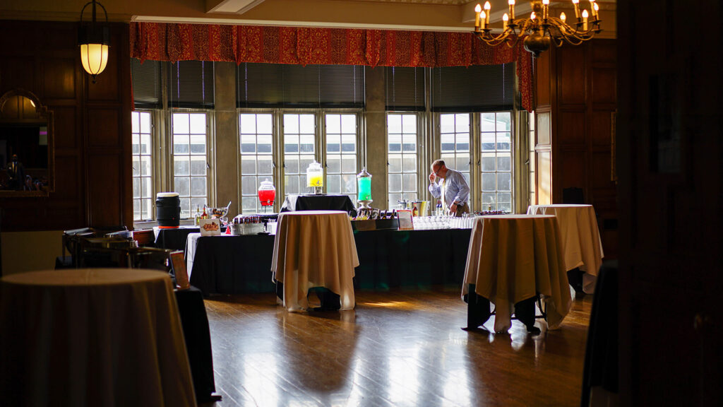 High cab tables and a drinks table in the Bausch & Lomb Parlor.