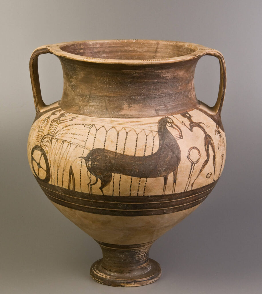 A large, wide-mouthed jar painted with a horse-drawn chariot.